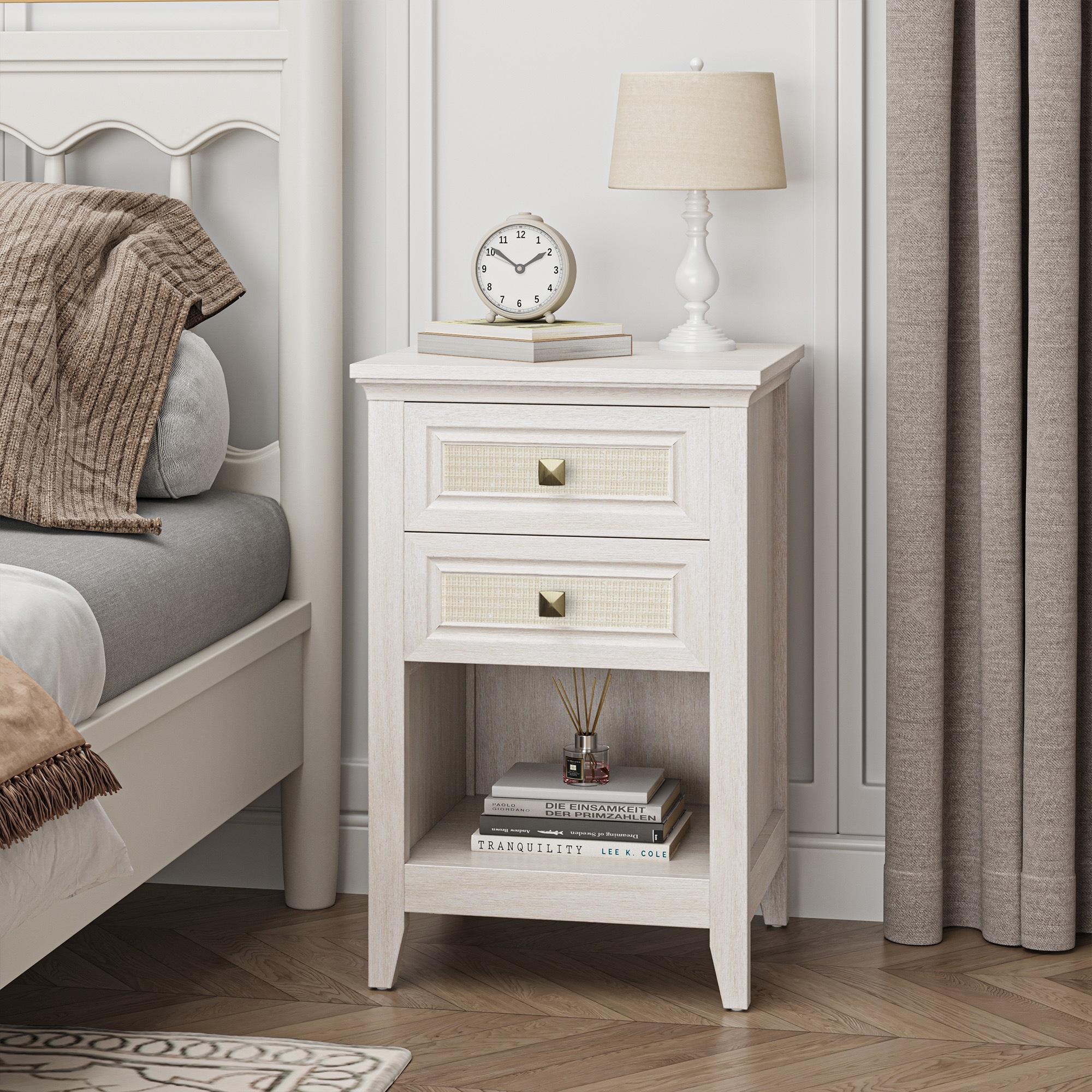 Grayish White Rattan Bedside Table With Storage Drawer For Bedroom_voghion.com